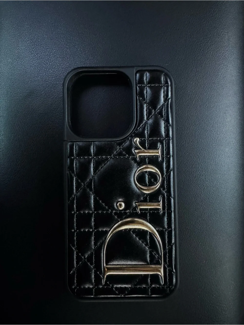 Black Quilted Leather iPhone Case with Silver Dior Letters. (message size)